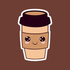 Kawaii coffee cup vector illustration. Isolated happy drink. Sweet beverage. Espresso with happy funny face. Latte with a smile. Cartoon mug doodle. Happy fresh and fun emoji of mocha. Cappuccino.