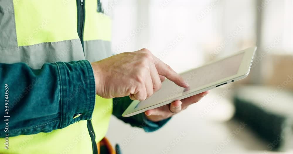 Poster building, digital tablet and construction worker hands planning and schedule at a site, checking onl