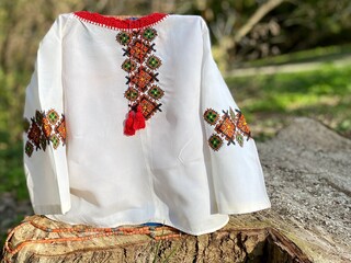 Children's embroidered shirt with tassels - vyshyvanka with ancient folk Western Ukrainian ornament