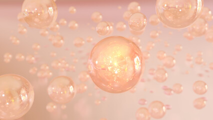 3D rendering Cosmetics Serum bubbles on defocus background. Collagen bubbles Design. Moisturizing Essentials and Serum Concept. Vitamin for personal care and beauty concept. 