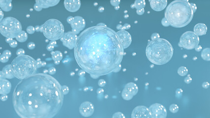3D cosmetic rendering serum bubbles against a blurry background. Collagen bubble design. Moisturizing Cream and Serum Concept. Vitamins as cosmetic ingredients