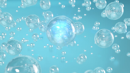 3D rendering Cosmetics Serum bubbles on defocus background. Miracle bubble design for cosmetics. Transparent balls, holographic liquid blobs floating in space, and artistic bubbles.