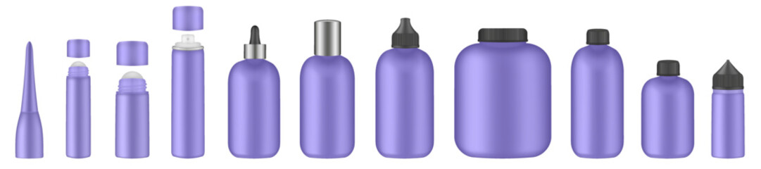 Set of purple tubes and bottles. Roller ball tube. Body antiperspirant deodorant roll-on, open and closed blank tubes with screw cap. Realistic mockup. Eye Cream Roll Ball. Dropper, atomizer