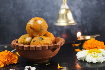 Motichoor Laddoo or Laddu - made from fine bundi, ball shaped sweets popular in indian subcontinent cooked with sugar, ghee or oil