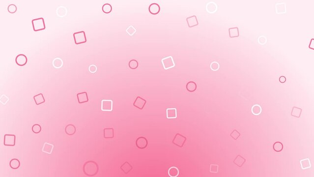 Abstract animated background. Gradient pink pastel shades. On a pale pink color, randomly arranged moving elements of circles and squares of various transparency are located