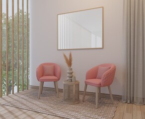 Scandinavian style living room mockup frame on white wall with pink chair set.3d rendering