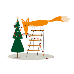 Funny fox standing on the stairs decorates the Christmas tree with a garland. Cute Cartoon clip art.