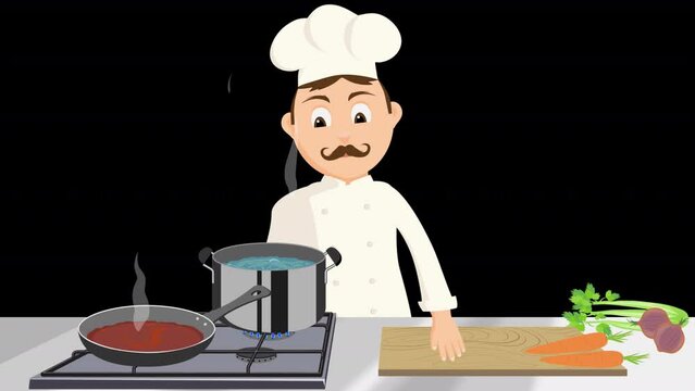 Chef Cooking Spaghetti With Tomato Sauce Cartoon