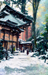 traditional japanese house shinto buddhist temple in winter 