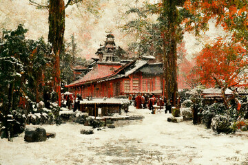 traditional japanese house shinto buddhist temple in winter 