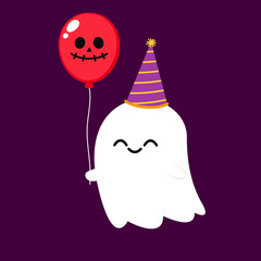 Happy halloween party greeting card with cute ghost. Holidays cartoon character. Cute spooky ghosts. Spooky ghosts in a halloween hat