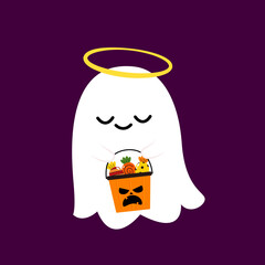 Happy halloween party greeting card with cute ghost. Holidays cartoon character. Cute spooky ghosts. Spooky ghosts in a halloween hat