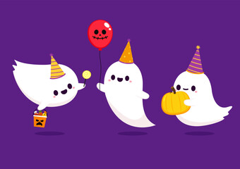 Happy halloween party greeting card with cute ghost. Holidays cartoon character. Cute spooky ghosts.