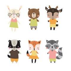 Set with cute forest animals for kids. Vector illustration for the design of textiles and nursery
