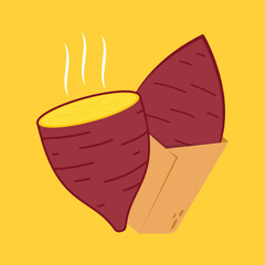 Roasted sweet potato in paper pack. Roasted sweet potato on yellow background. Japanese Sweet potato.