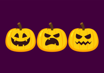 Pumpkin head set. Cute and scary halloween pumpkin monster set. Holidays cartoon character in flat style collection.