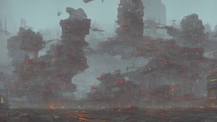 Alien city, a panorama of a surface of another planet. 3d render.