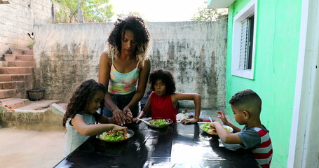 Hispanic kids eating lunch, Brazilian south american children eat meal