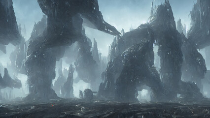 Alien city, a panorama of a surface of another planet. 3d render.