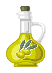 Illustration of glass bottle with olive oil. Image for culinary and agriculture.