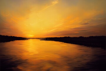 Obraz premium A beautiful and tranquil sunset over a river.