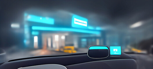 Obraz premium Diagnostic Auto in HUD style. Scan and Maintenance Automobile in 3D visualisation hologram. Hi-tech Car Service with HUD interface. Dashboard in auto service, diagnostic car, repairs cars