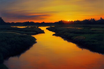 Obraz premium A beautiful and tranquil sunset over a river.