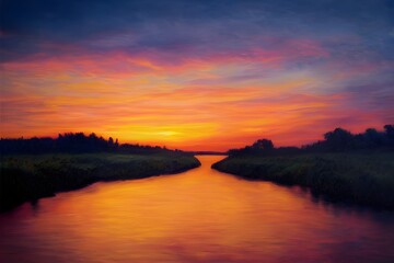 Obraz premium A beautiful and tranquil sunset over a river.