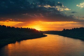 Fototapeta premium A beautiful and tranquil sunset over a river.