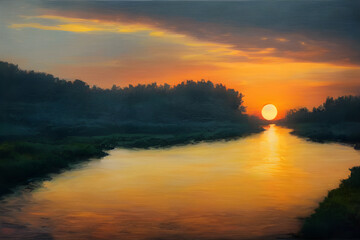 Fototapeta na wymiar A beautiful and tranquil sunset over a river.