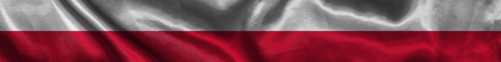 Elongated national flag of Poland with a fabric texture fluttering in the wind. Polish flag for website design. 3d illustration