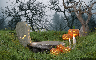 Podium orange minimal scene 3d with candle and podium halloween platform. Halloween background 3d render with pumpkin podium. stand to show products. Stage Showcase on pedestal display stand