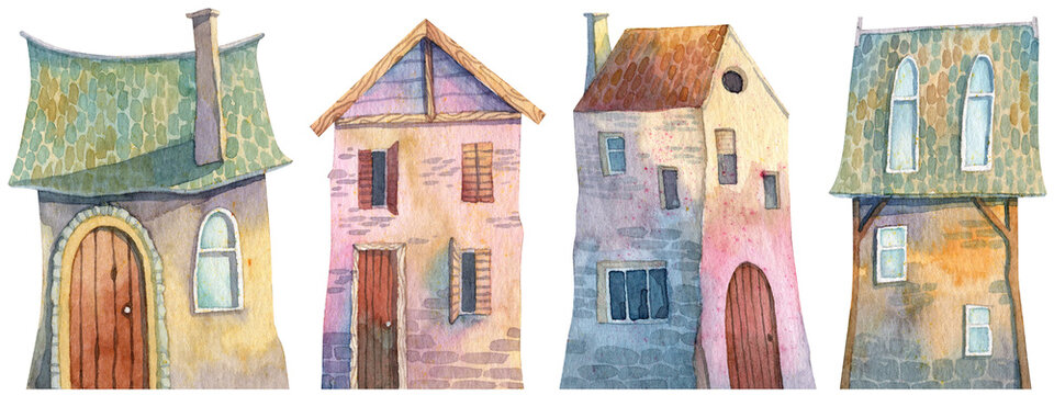 Set of cute old rustic houses with tiled roof and colorful facades. Watercolor hand painted tiny houses illustrations on white background for greeting cards and postcards design