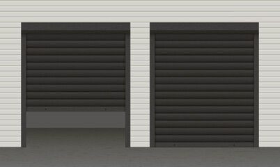 Obraz na płótnie Canvas Black closed and ajar roller garage shutter door with realistic texture on the grey facade. Metal protect system for shop and stores. Vector illustration of steel gate of warehouse. Roller up blinds.
