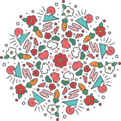 年賀状素材　手書き　卯年　丸型　カラフル　ベクターイラスト
