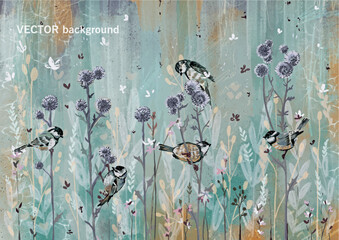 Abstract natural background in acrylic style with wild field flowers and little birds, vintage hand drawn illustration