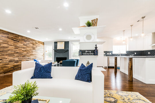 Modern Open-Concept Living Room and Kitchen, White and Blue Decor in Dallas Tx
