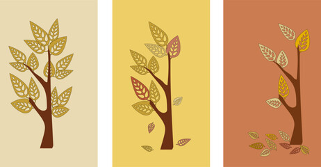 Set of three cartoon fall trees. Vector illustration for the design of children's cards, books, textiles, tiles