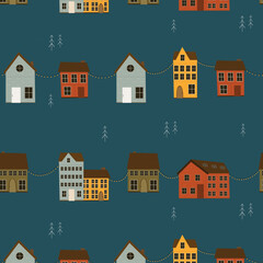 Seamless winter pattern with scandinavian houses and Christmas trees on a dark background