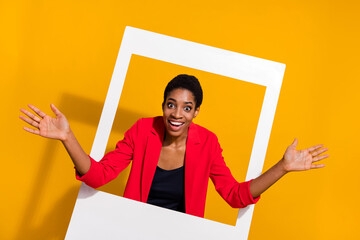 Photo of funny funky butch hair lady guy snapshot frame wear red stylish trendy blazer isolated bright color background