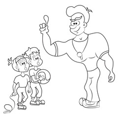 Coloring Book. Coach gives instructions to the children during sports practice. Physical education teacher explains to the students how to do the exercise. Vector illustration. Black and white. 