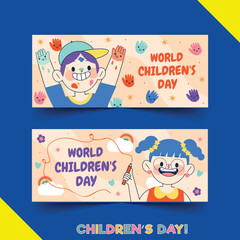 hand drawn flat world children s day horizontal banners set vector design illustration