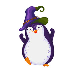 Halloween print with cute vector dancing penguin.Funny bird in a witch hat. All elements are isolated.