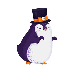 Halloween print with cute vector dancing penguin.Funny bird in a witch hat. All elements are isolated.