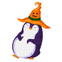 Halloween print with cute vector dancing penguin.Funny bird in a witch hat. All elements are isolated.
