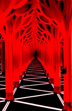 This photo shows a futuristic long hallway mirror labyrinth with columns and bright neon red shapes making the path appear infinite.