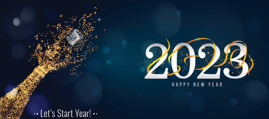 2023 New Year. 2023 Happy New Year greeting card. 2023 Happy New Year background isolated on transparent background. 2023 Happy New Year background with gold glitter champagne bottle.