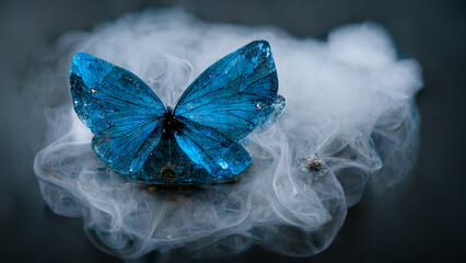 blue , crystal butterfly in smoke on a dark background , 3D render