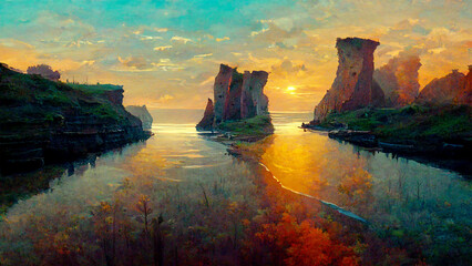 Modern,  futuristic landscape with cliff and water  