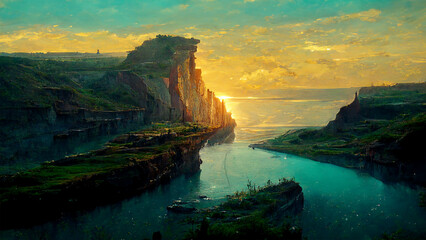 Modern, futuristic landscape with cliff and water  